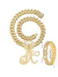 银色女士项链 A-Z 首字母个性化嘻哈经典蝴蝶字母吊坠链项链和手链套装饰物 26 个幸运字母，适合男女日常佩戴情人节时尚珠宝礼物，妈妈，母亲，母亲节，礼物 - 蝴蝶型 - 查看 45