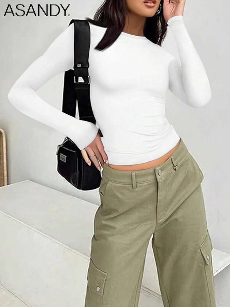 3pcs Set Women Crewneck Long Sleeve Solid Color Basic Tee, Slim Fit Casual Pullover Tops, Spring/Autumn - Multicolor - View 4