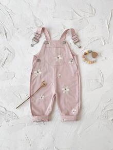 Baby Girls' Casual Allover Embroidered Floral Light Blue Suspender Pants, Summer - Baby Pink - View 7