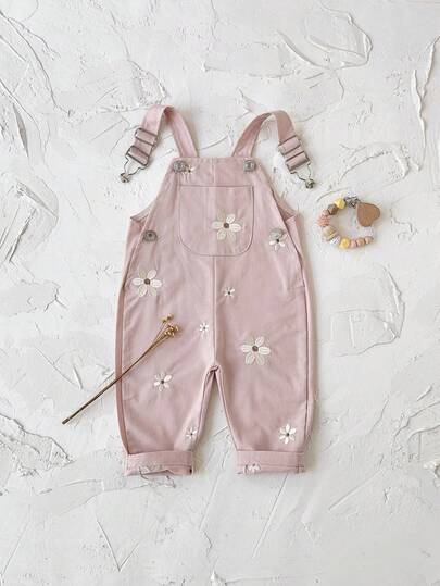 Baby Girls' Casual Allover Embroidered Floral Light Blue Suspender Pants, Summer