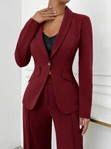 Women's Elegant Daily Commuting Solid Color Green Collar Fake Pocket Suit Jacket And Design Straight Pants Two-Piece Suit - 酒紅色 - 查看 5