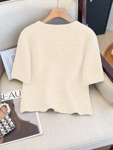 1pc Women's Solid Color Metallic Button Sweater, Casual Round Neck Short Sleeve Cardigan, Versatile Knit Sweater Tops, Autumn/Winter - Apricot - View 3