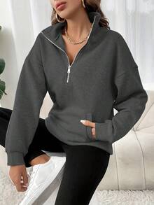 New  Zipper Side Pocket Pullover Casual Long-Sleeved Round-Neck Fall-Winter Style Date And Commuting Warm-Up Hoodie - 深灰色 - 查看 3