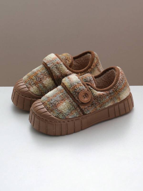 Women's Plaid & Striped Warm Winter Slip-On Slippers - Comfortable Thick-Sole Anti-Slip Thick Warm House Shoes