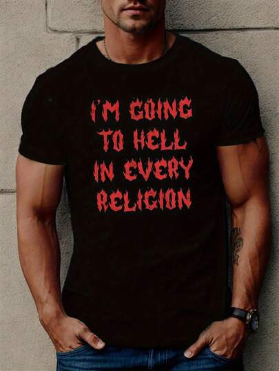 Men's Halloween I'Going To In Every Religion Graphic-Shirt - Black With Red Dripping Text Print, Casual Short Sleeve Round Neck Tee, Medium Stretch All-Season Comfort, Washable, Halloween Clothes, Comfortable Clothing, Bold Graphic Tee, Nontransparent Material