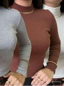 Kit 3 Cacharrel Women's Blouses, Long Sleeve And High Neck, Super Promotion - 1 Nâu 1 Xám 1 Trắng - Xem 1