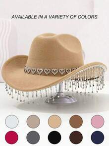 1PC Unique British Style Elegant Cowboy Hat For Men And Women, With Heart-Shaped Diamond Hat Chain, Tassel-Shaped Pendant, Bohemian Style Wide Top Hat, Colorful And Vibrant, Suitable For Western Theme Events, Role Play, Graduation, Graduation, Masquerade, Masquerade, Wedding, Celebration, Halloween Party