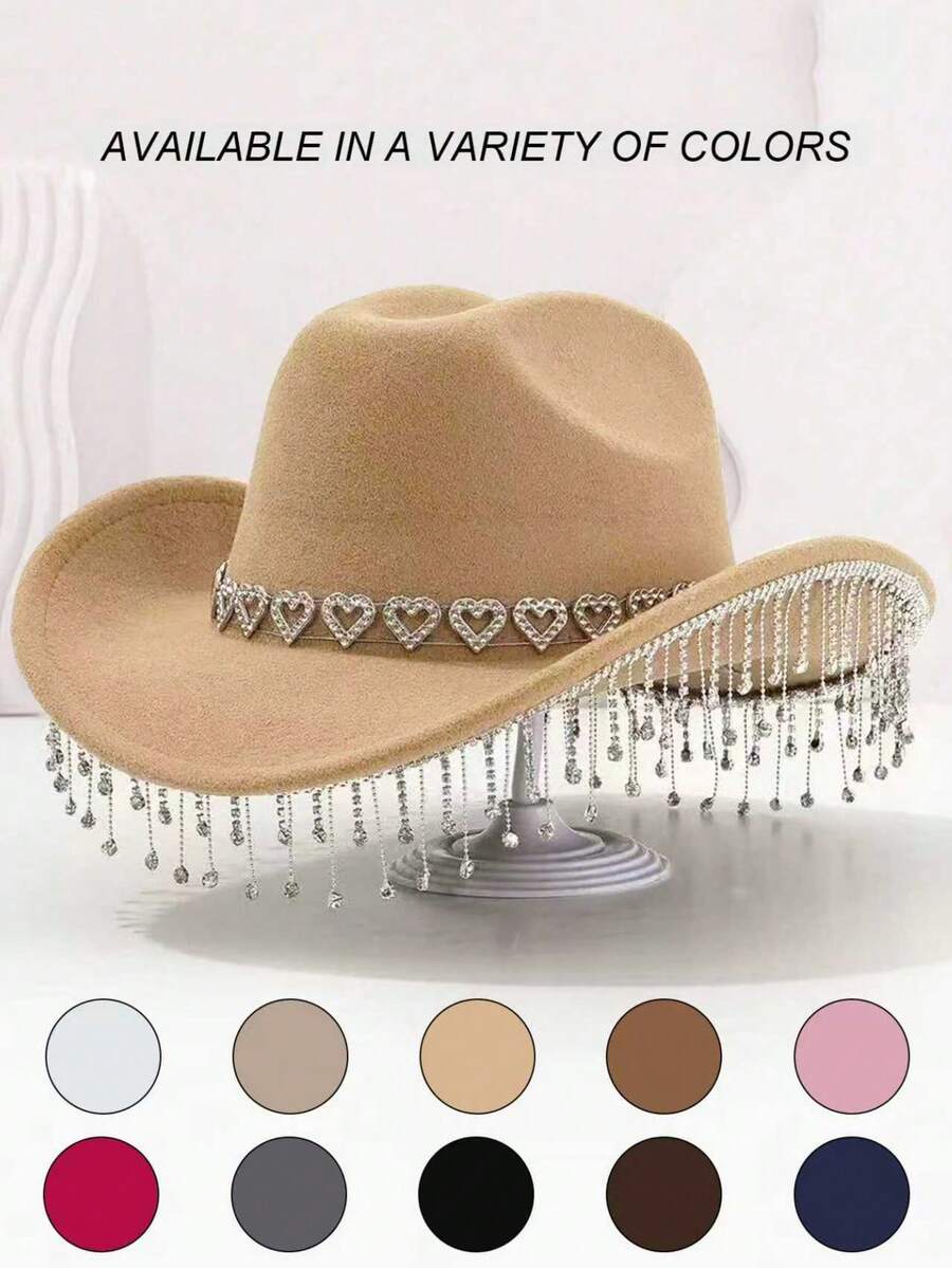 1PC Unique British Style Elegant Cowboy Hat For Men And Women, With Heart-Shaped Diamond Hat Chain, Tassel-Shaped Pendant, Bohemian Style Wide Top Hat, Colorful And Vibrant, Suitable For Western Theme Events, Role Play, Graduation, Graduation, Masquerade, Masquerade, Wedding, Celebration, Halloween Party