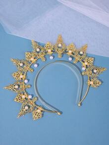 1pc Golden Pearl Pendant Headband, Virgin Mary Crown Costume Accessory, For Events & Parties