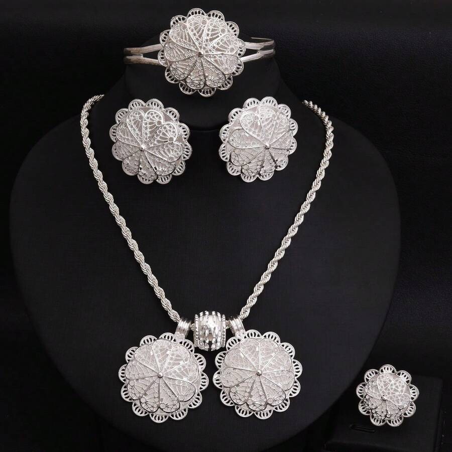 1套經典銀色新娘珠寶套裝，包含吊墜、項鍊、耳環、手鏈；婚禮禮品 - 銀色 - 查看 1