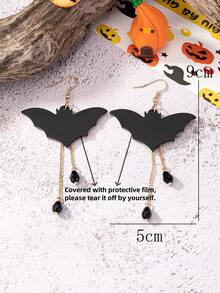 1 对亚克力黑色蝙蝠形流苏耳环，创意万圣节耳环 - 黑色 - 查看 6