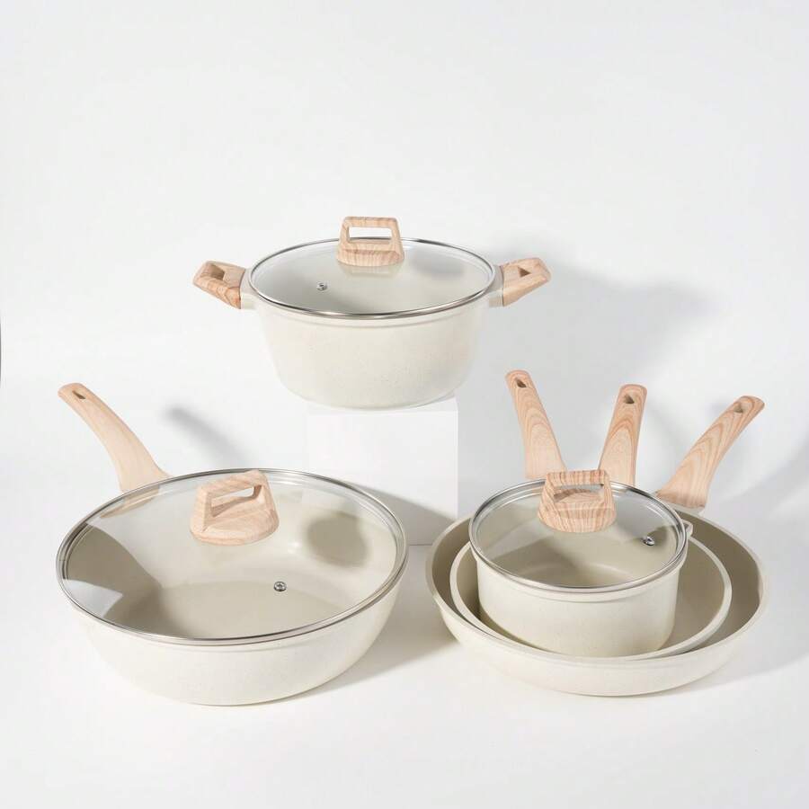 A Set Of Non Stick Cookware - White Granite Surface, Suitable For Induction Cookers, Including Frying Pans And Stew Pots, Soup Pots With Lids, Suitable For Home Kitchen Use