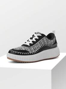 Women Platform Casual Sneakers Thick-Sole Woven Style Fashion Comfortable Wedge Sneakers Autumn Winter Outdoor Sport Shoes - Đen và trắng - Xem 1