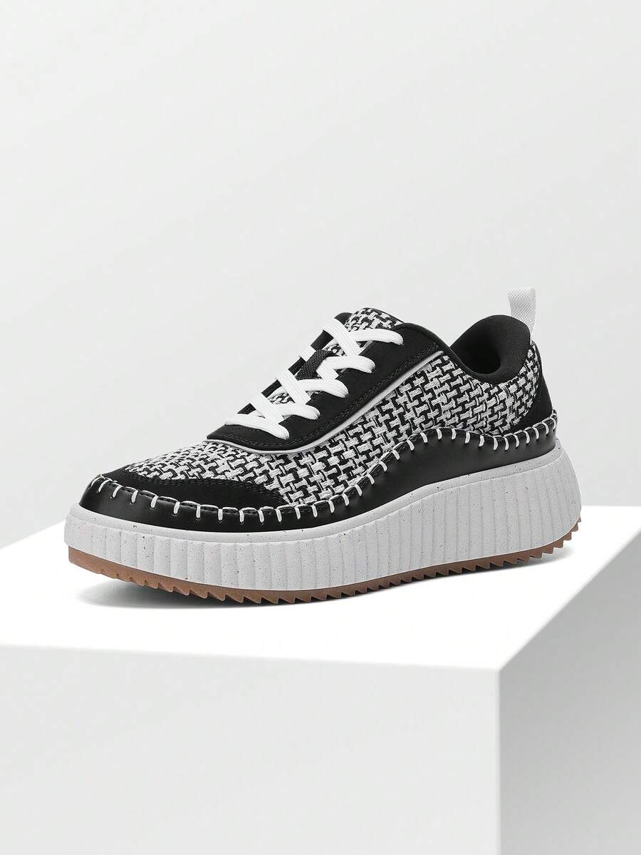 Women Platform Casual Sneakers Thick-Sole Woven Style Fashion Comfortable Wedge Sneakers Autumn Winter Outdoor Sport Shoes - Đen và trắng - Xem 1