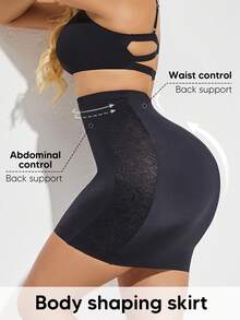 1pc Women Lace Shapewear Slip Skirt, Tummy Control & Butt Lifting - Black - View 4