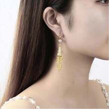 1 Pair Of Luxurious Gold Tassel Hanging Earrings With Shiny Square Crystal Synthetic  - Elegant Personality Jewelry For Parties, Dates And Everyday Charm - 金色 - 查看 5