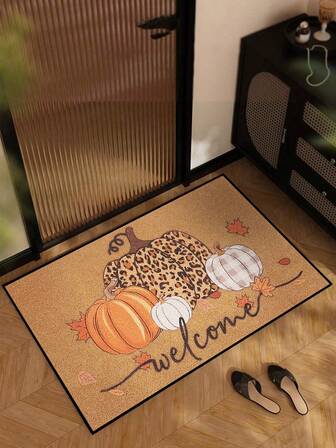 1pc Autumn Harvest Maple Leaf & Pumpkin Welcome Mat, Farmhouse Style Short Plush Quick-Dry Non-Slip Washable Doormat, Home Decor, Soft Furnishing, Suitable For Kitchen, Bathroom, Dining Room, Entryway, Party, Gathering, New Year, All Seasons, Yard Decor