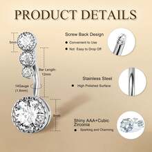 14G 不锈钢肚脐环，心形 CZ 肚脐铃穿孔，可爱肚脐穿孔首饰，适合女性 - 銀色 - 查看 3