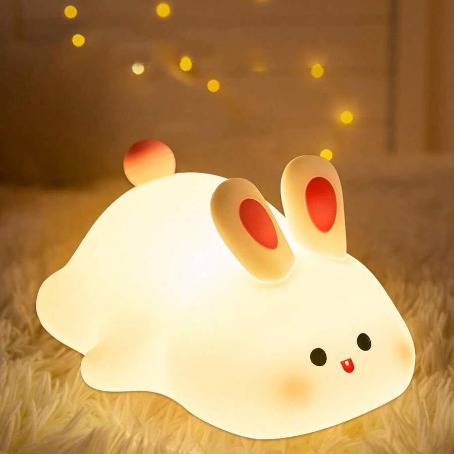 Cute Bunny Nursery Light, Easter Rabbit Squishy Silicone Touch Night Lamp Rechargeable, Kawaii Animal Toddler Room Decor Table Lamp, Child Girl Women Birthday Gift - 大臉兔 - 查看 1