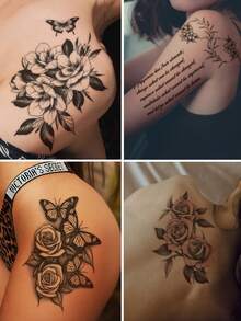 STARTTOOS 9pcs/Set Assorted Pink Rose Flower, Butterfly, Words Temporary Tattoos, Suitable For Arms, Legs, Shoulders, Neck, Collarbone, Daily, Party, Holiday Gifts - Multicolor - View 2