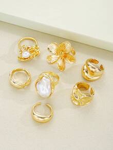 7 件/3 件套优雅复古精致派对风格人造珍珠荷叶边花朵几何粗金属环套装，几何线条设计，适合女性日常、派对、度假穿着，可堆叠，完美的礼物选择