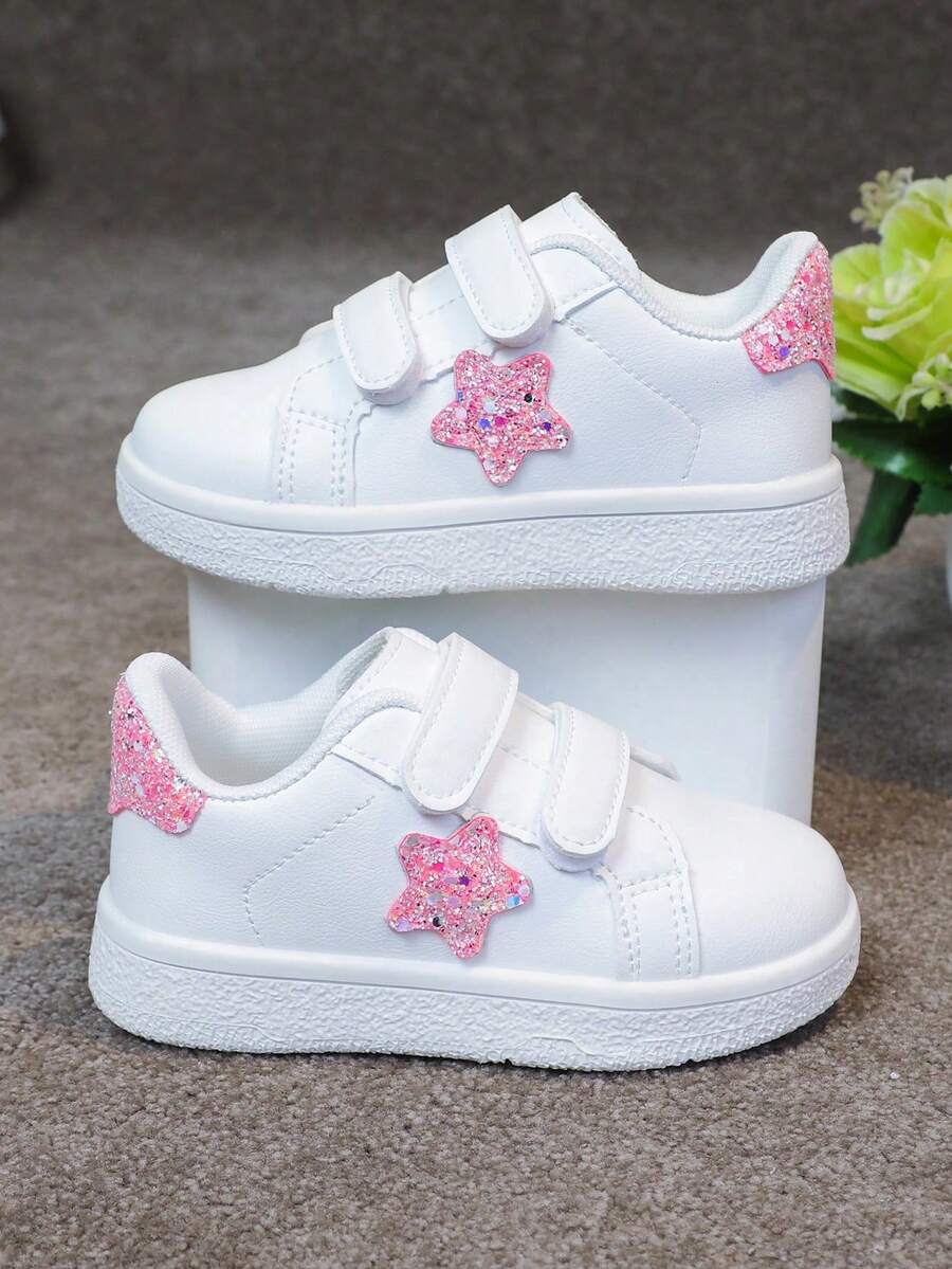 1 Pair Kids Versatile Hook And Loop Breathable White Sneakers With Embroidered Bow, Chinese Knot Decor, Fashion Casual Flat Shoes For Girls And Boys - 粉色 - 查看 1