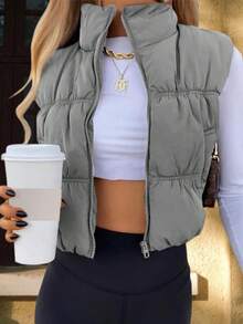 Imily Bela Women's Cropped Padded Vest Lightweight Zip Up Sleeveless Coat Winter Fashion Outerwear - 淺灰色 - 查看 1