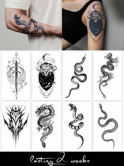 CAT QUEEN ART 8pcs Minimalist Sexy Temporary Tattoos, Classic Dragon/Snake/Animal Totem Designs, 1-2 Weeks Waterproof Realistic Tattoo Stickers, Suitable For Chest, Waist, Abdomen, Thigh, Shoulder, Neck, Collarbone, Natural Plant Ingredients, Ideal For Music Festivals, Valentine's Day, Carnival, DIY Party Gifts