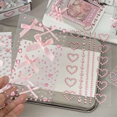 New Cartoon Pink Bowknot Self-Adhesive Stickers, Pink Heart Children Stage Face Rhinestone Decorative Stickers, Suitable For Face Makeup, Postcards, Cards, Books, Scrapbooking