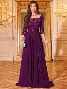 MIUSOL Sequin Floral Lace V-Neck 3/4 Sleeve Chiffon Ruffle Hem Formal Party Maxi Dress Wedding Spring - Maroon - View 4