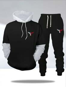 مجموعة مكونة من قطعتين: هوديي بأكمام طويلة وطباعة ثور مع سحاب الخصر المطاطي وبنطال رياضي مع سحاب الخصر للرجال لموسم الخريف/الشتاء، ملابس رياضية كاجوال للسفر والعطلات والرياضة والجري، بتصميم متناسق للأزواج