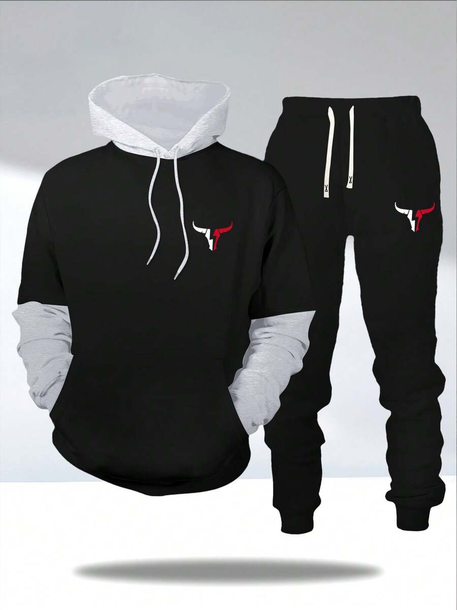 مجموعة مكونة من قطعتين: هوديي بأكمام طويلة وطباعة ثور مع سحاب الخصر المطاطي وبنطال رياضي مع سحاب الخصر للرجال لموسم الخريف/الشتاء، ملابس رياضية كاجوال للسفر والعطلات والرياضة والجري، بتصميم متناسق للأزواج