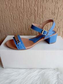 Elegant Women's Sandal With 4cm Block Heel And Chain Detail - Màu xanh lam - Xem 3