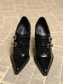 2025春季新款尖头低帮高跟鞋优雅简约时尚女鞋黑色系带布洛克雕花骑士风英伦风粗跟浅口鞋 - 黑色 - 查看 2