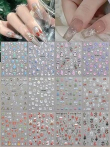 3/6/12/24 张圣诞美甲贴纸，5D 自粘圣诞指甲贴花，带雪花、圣诞树、圣诞帽、拐杖糖、礼物和铃铛图案，冬季节日派对美甲装饰用品