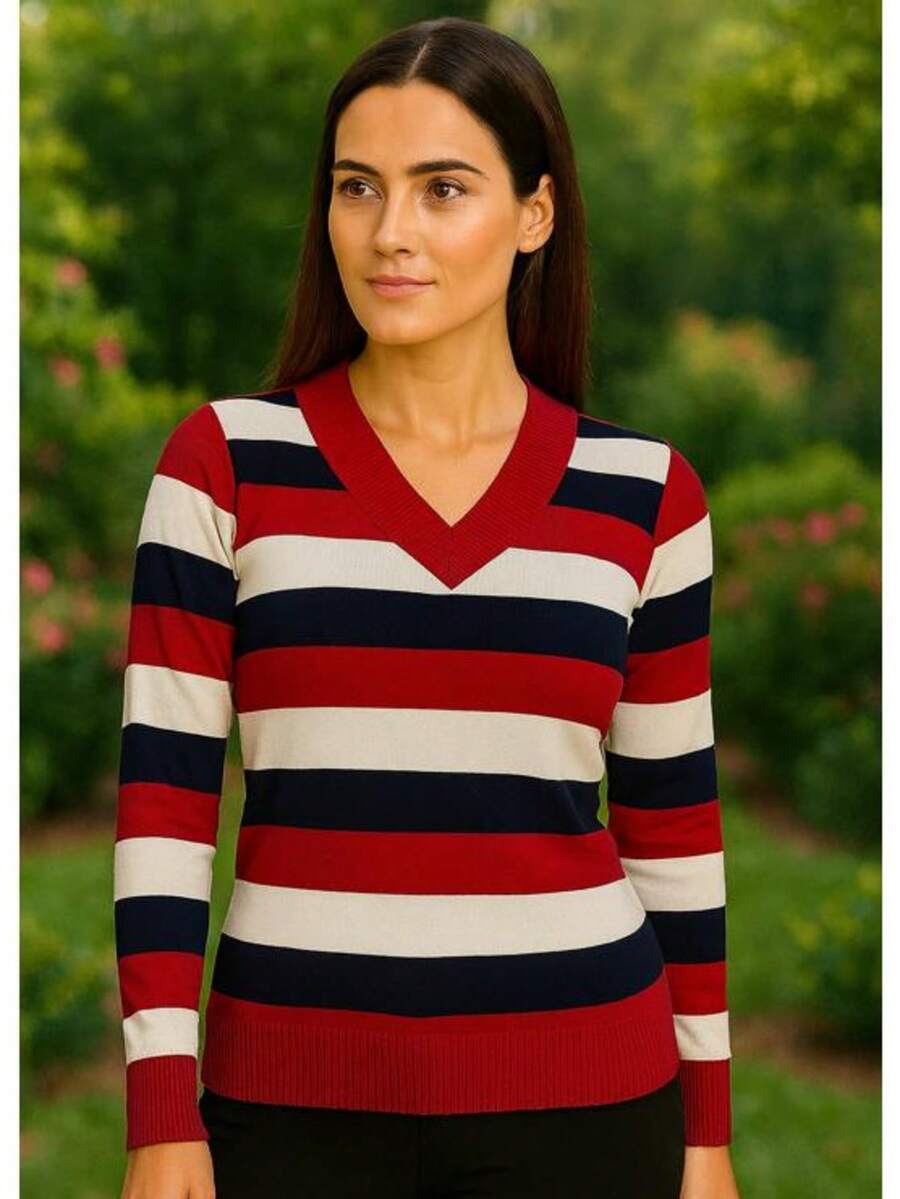 Women's Cold Weather Blouse | Women's Striped Long Sleeve Blouse | Striped V-Neck Blouse | Stripes - Đỏ - Xem 1