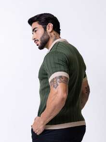 TRICOT DE LUXO Men's Lightweight Textured Polo Collar Knit T-Shirt, High Quality, Spring, Summer, Autumn, Premium Quality - xanh quân đội - Xem 3