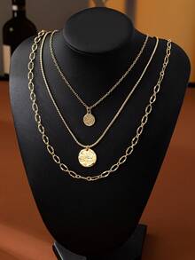 3pcs Vintage Multilayer Engraved Chain Necklace, Elegant Geometric Pendant Necklace Set
