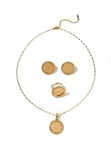 1 Set de Joyas de Colgante, Aretes, Anillo y Collar de Aleación de Cobre Vintage Chapado en Oro, Adecuado para Uso Diario de Mujeres, Regalo de Vacaciones - Amarillo Oro - Ver 4