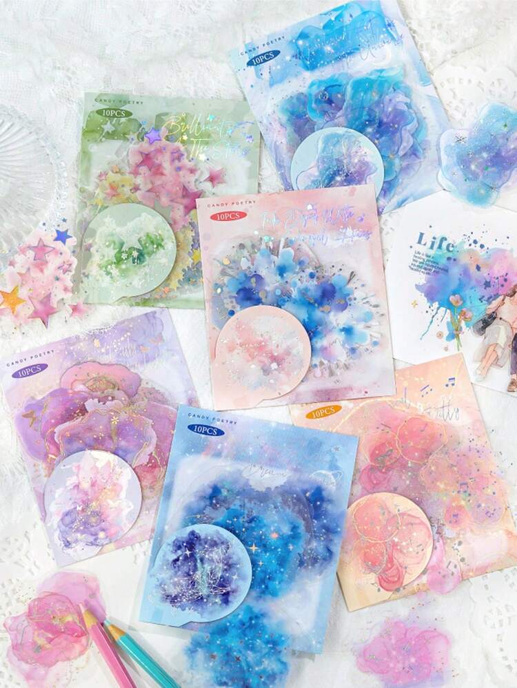 CANDY POETRY 10 pièces/paquet Autocollants holographiques tie-dye aquarelle, autocollants décoratifs créatifs et esthétiques, matériaux d'artisanat de décoration DIY, cadeaux de fête, fournitures scolaires personnalisées pour scrapbooking - Bleu azur - Voir 2