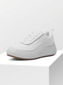 Women Platform Casual Sneakers Thick-Sole Woven Style Fashion Comfortable Wedge Sneakers Autumn Winter Outdoor Sport Shoes - trắng - Xem 1