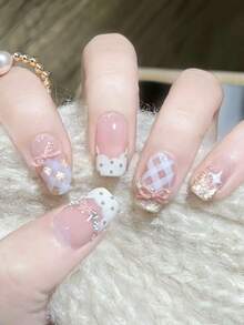 10片手工制作中长方形美甲贴纸，粉白相间，闪粉亮片，柔软可爱，适合女性和女孩，春夏秋冬四季皆宜，节日及日常美甲用品 - 粉色 - 查看 2