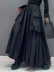 New Arrival High Waist Flared Long Skirt With Large Pockets, Fashionable Loose Women Clothing - Black - View 1