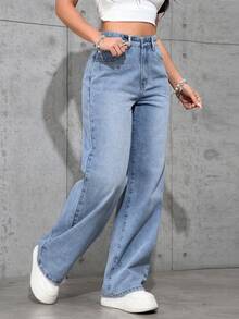 Pantalones vaqueros anchos sueltos y versátiles de mujer con diseño de bolsillos - Lavado ligero - Ver 3