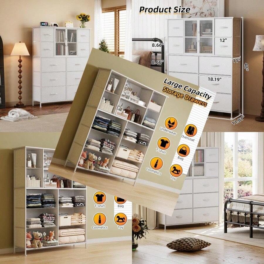 VERM Drer For Bedroom With 10 Drawers And Mesh Door Tall Drers Chest Of Drawers Fabric Drer Storage Tower For Closet Hallway Living Room White