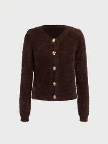 Áo khoác lông giả cao cấp, sang trọng với cổ áo lông chồn giả và cúc hoa kim loại. - Cà phê nâu - Xem 9