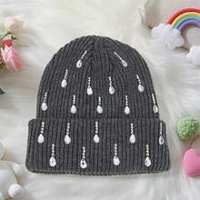 Knit Rhinestone Embellished Hat For Women, Winter Warm Beanies Cap For Outdoor Shopping, Dating, Ski - Màu xám đen - Xem 4