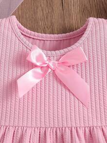 2 Stück Baby Mädchen einfarbiges Set mit rundem Ausschnitt, 3D Schleife, Rüschensaum Kurzarm T-Shirt und elastischer Taille einfarbige Strick Hose, geeignet für Zuhause, Alltag und Ausflüge, Frühling/Herbst