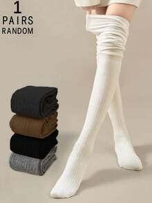 1/2/3/4/5 Pairs Women Solid Color Vertical Striped Thigh High Socks, Fashion JK Style, Comfortable & Breathable
