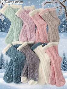 1/2/3/4/5/6/7/8 Pairs Women Autumn/Winter Coral Fleece Contrast Color Cuff Comfortable Warm Sleep Socks, Cozy Socks - Multicolor - View 10